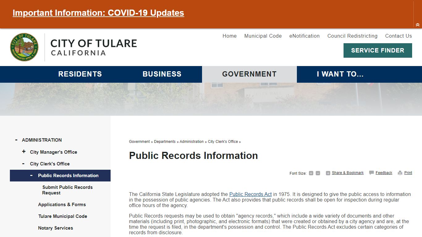 Public Records Information | City of Tulare - California